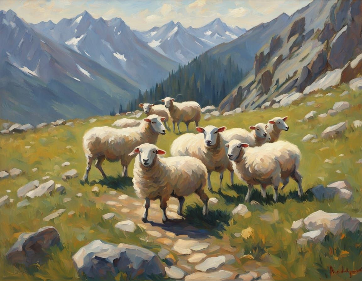 Impressionist Sheep Descend High Tatras Mountain Slope