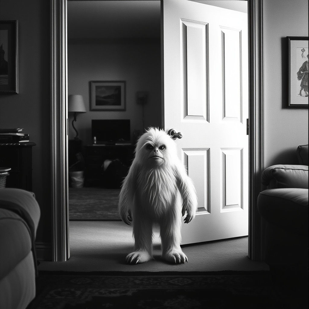 Monochrome Furry Creature in American Living Room