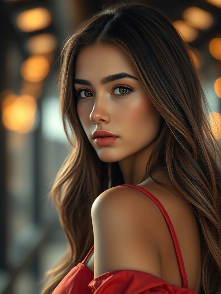 A cinematic depth of field photo of a young woman with long ...