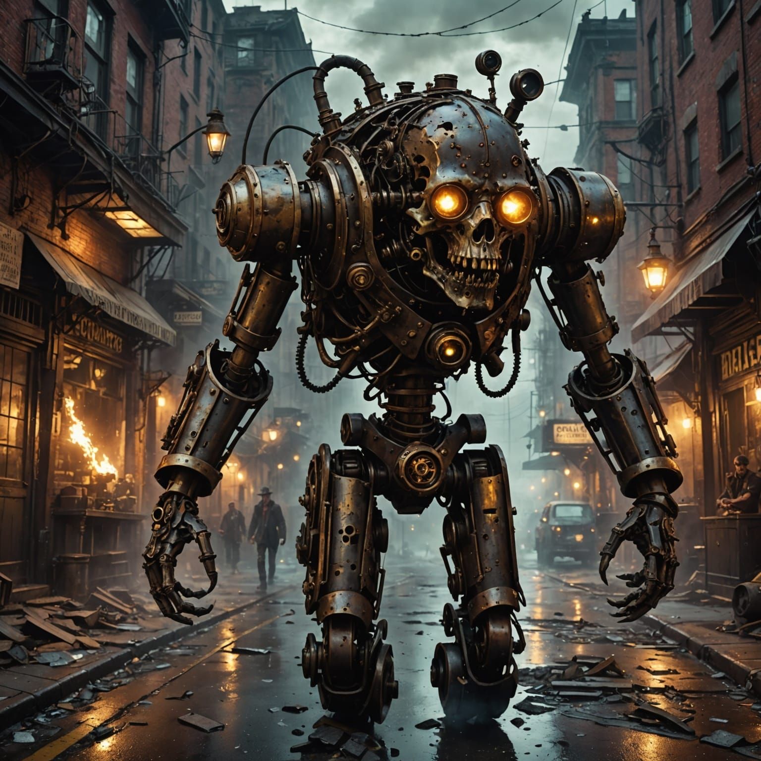 Steampunk Zombie in Apocalyptic Cityscape