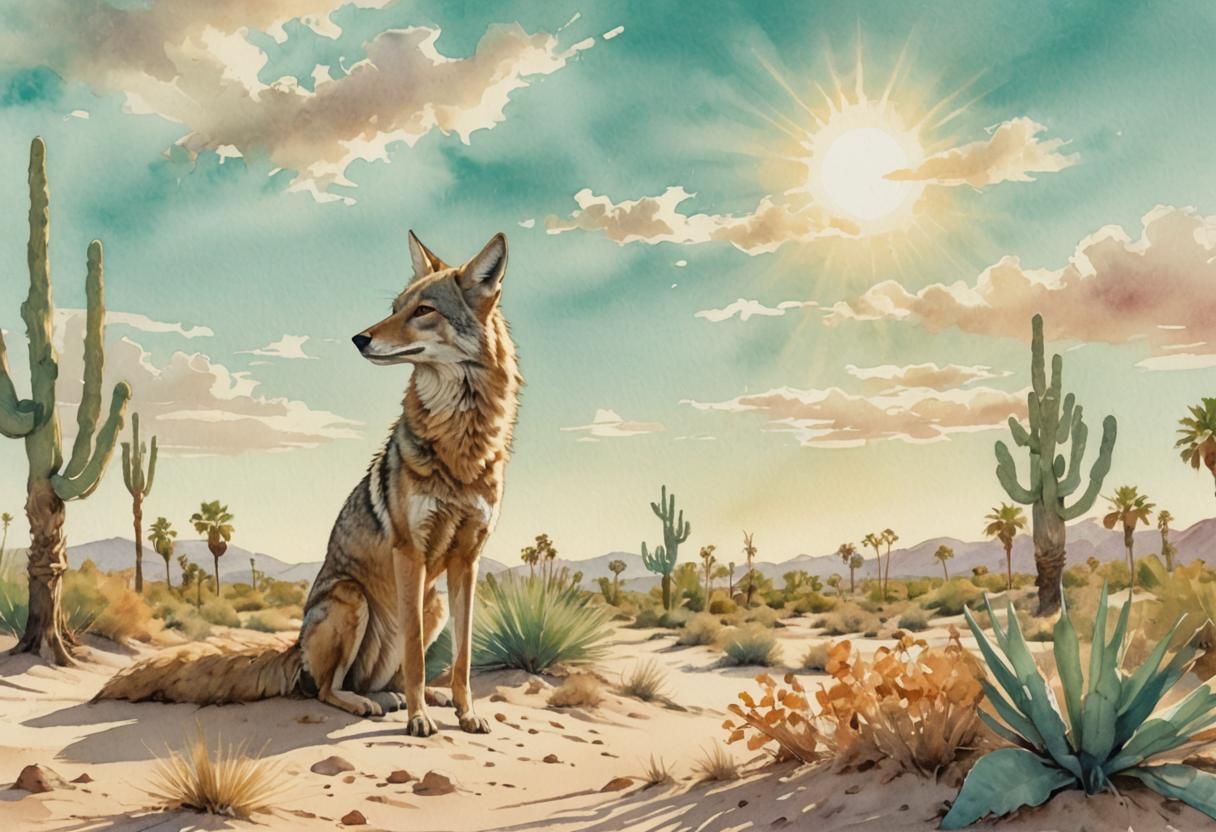 Coyote at Desert Oasis Watercolor Illustration