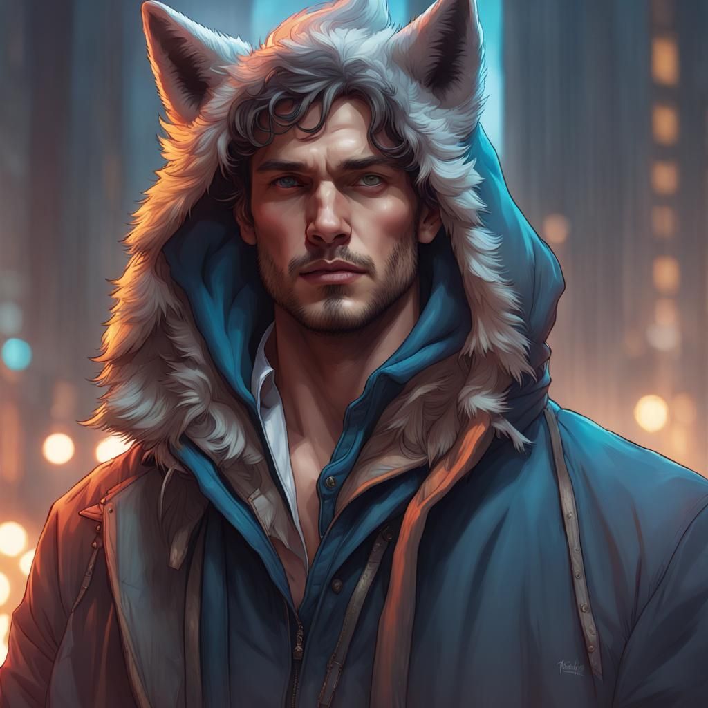 Wolf-Hooded Man: Hyperdetailed Fantasy Portrait