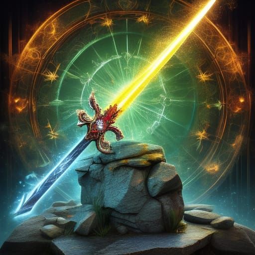 Sword of Fire Emerges from Stone in a Fiery Medieval Scene