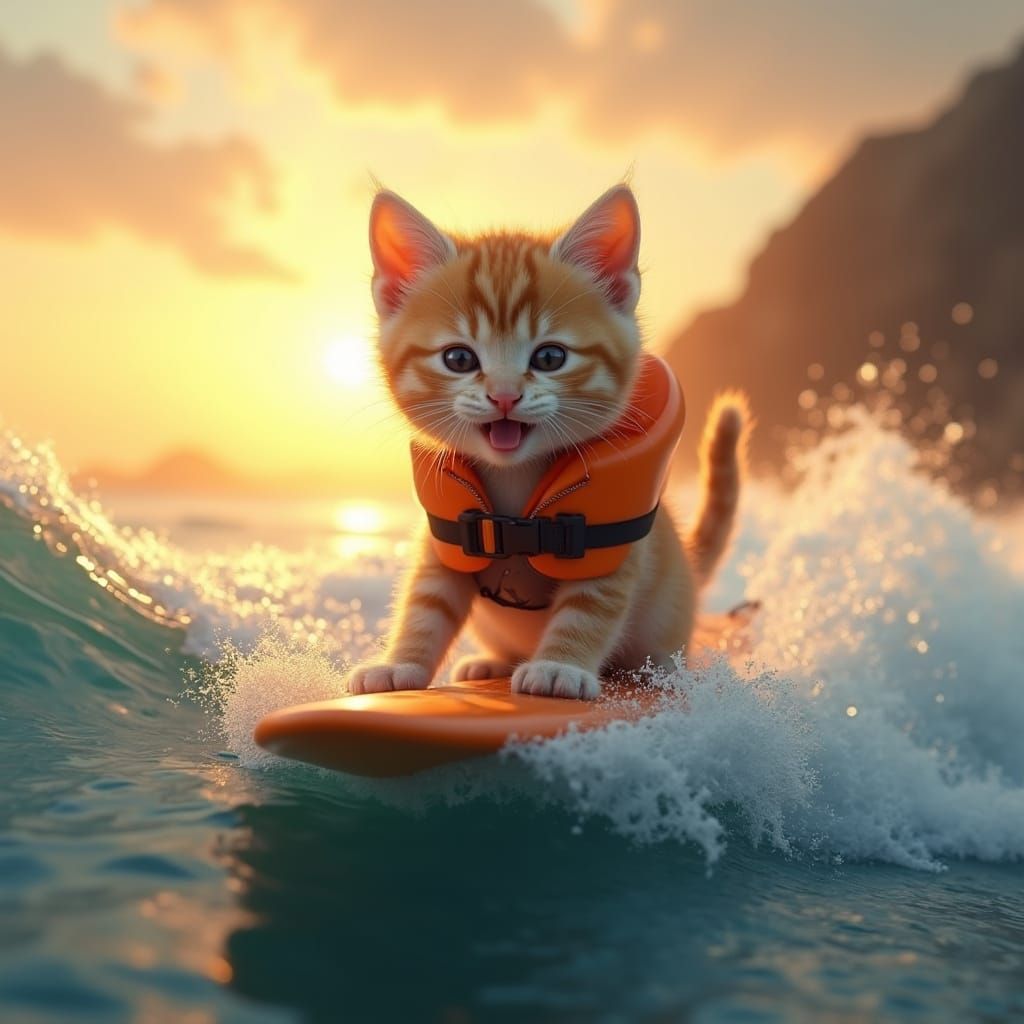 Happy Kitten Surfing at Sunset in Cosmic Style