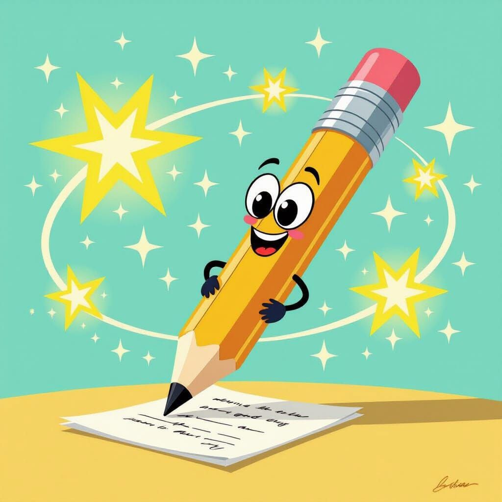 Cheerful Cartoon Pencil Creates Retro Starbursts