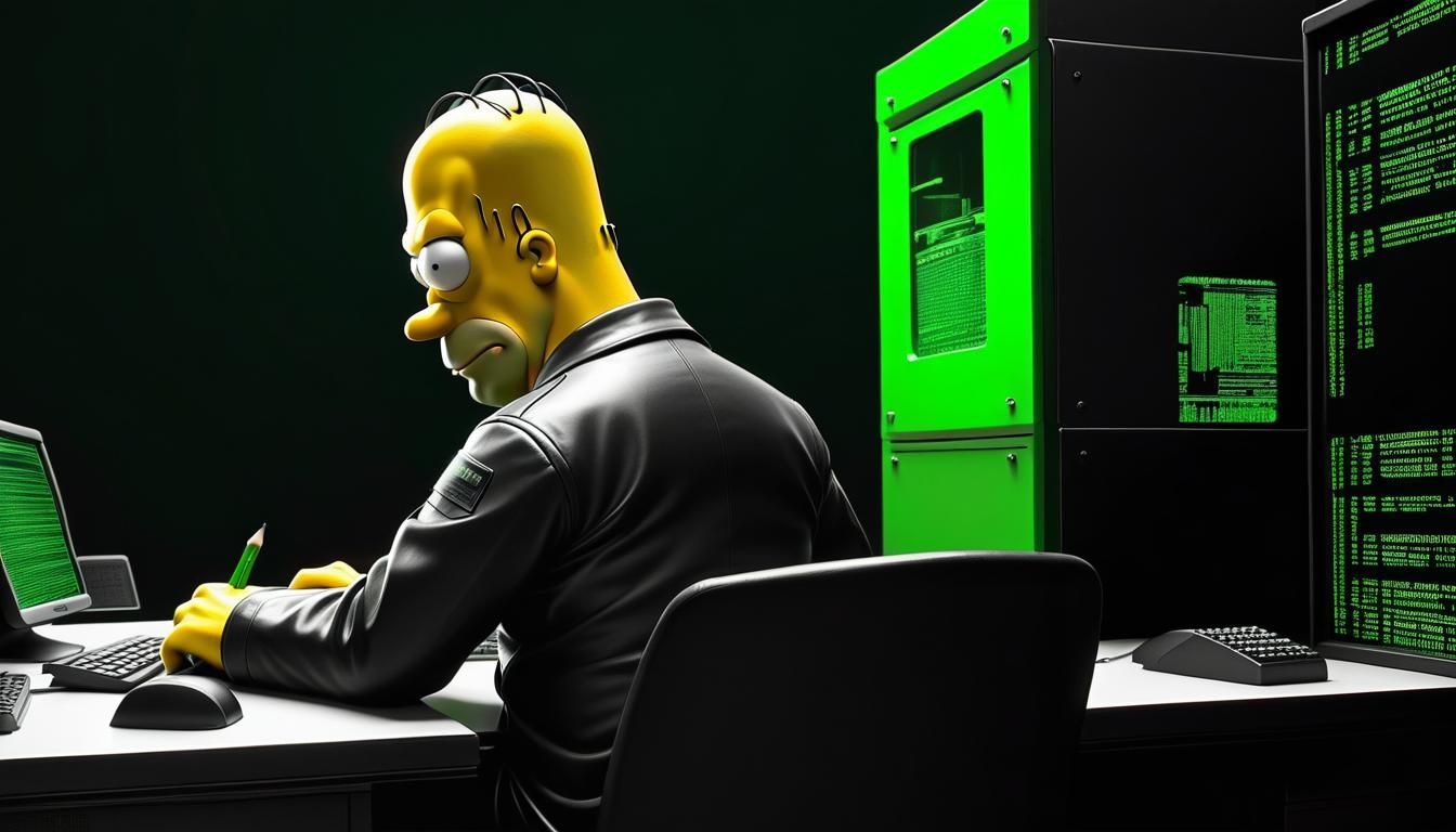 Homer Simpson as Matrix Hacker: Cartoon Pencil Sketch