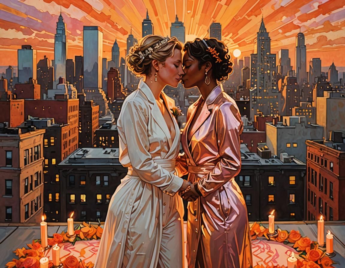 Art by J.C. Leyendecker, Keith Haring, an claustrophobic rooftop lesbian wedding at sunset, the city skyline painted in ...
