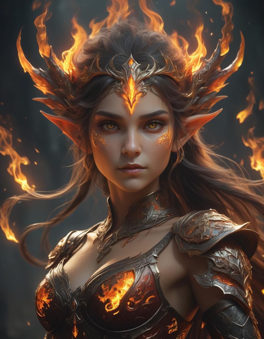 Fierce Fire Elf Portrait in Art Nouveau Style