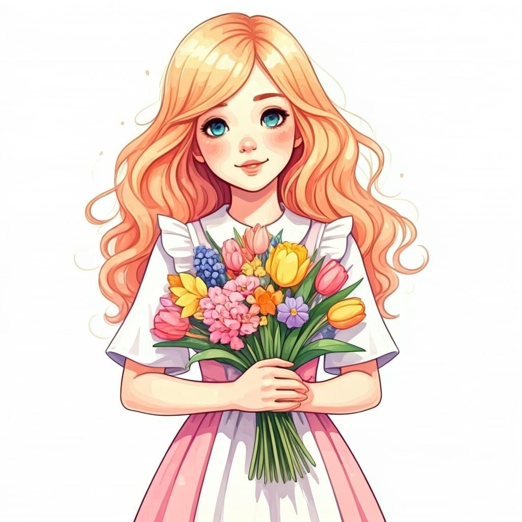 Kawaii Anime Girl with Spring Flowers