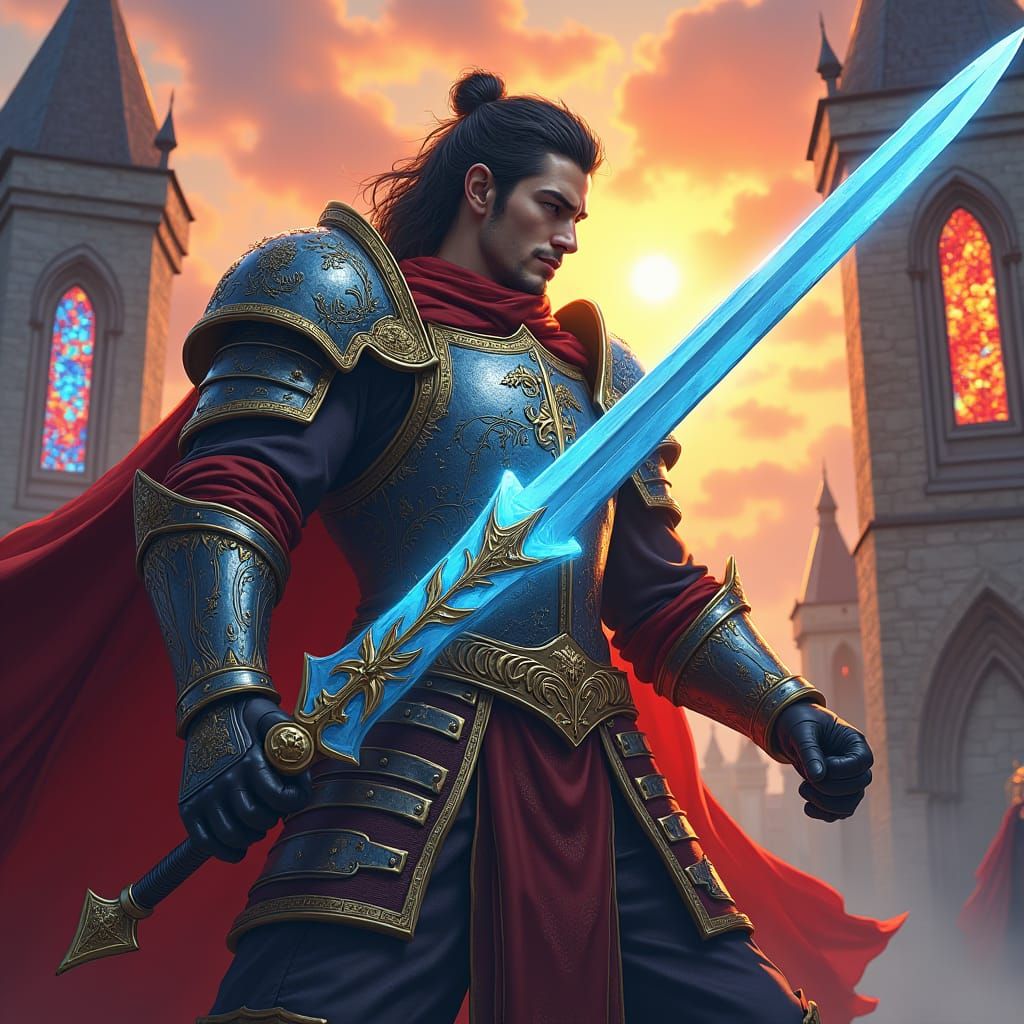 Medieval Prince Slaying Rival in Dramatic Sunset Scene