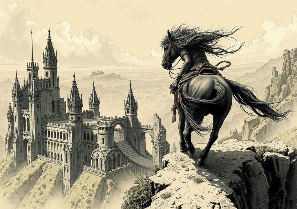 Wild Woman Rides Horse Through Ruins in Inkpunk Style