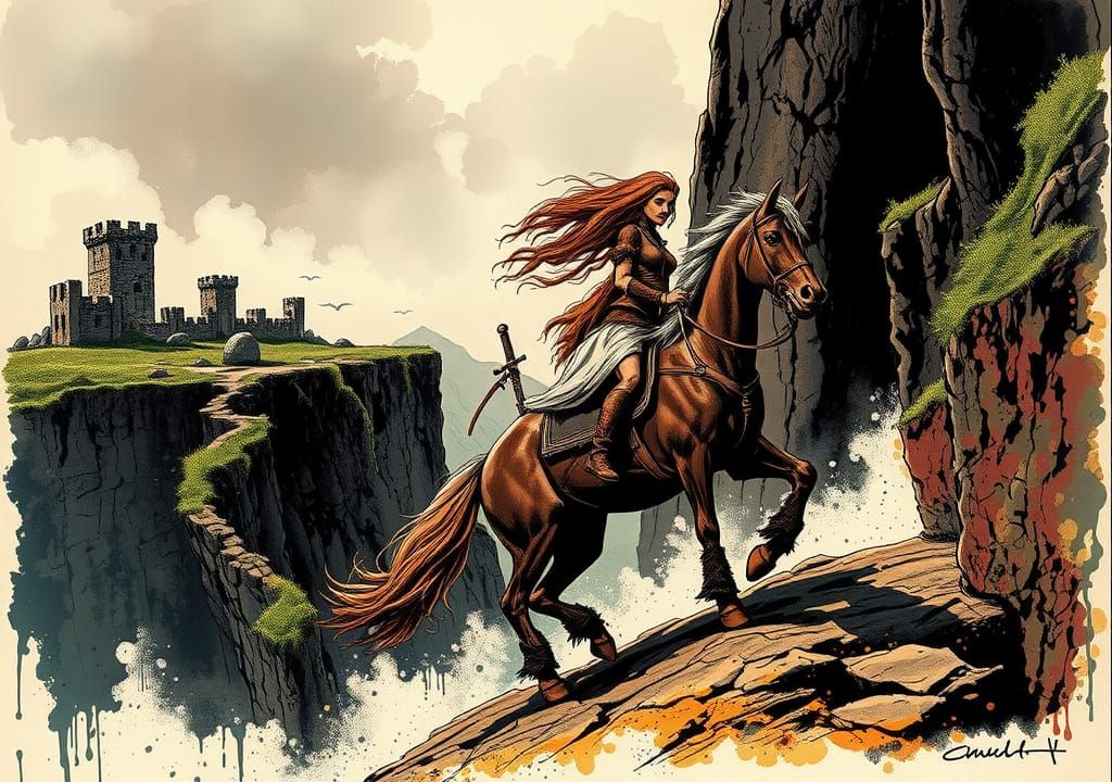 Woman on Horseback Amidst Ruins in Inkpunk Style