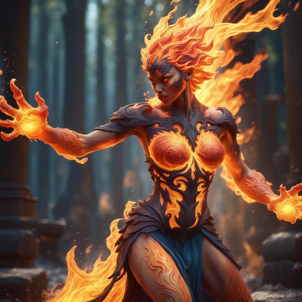 Hyperrealistic Dancing Fire Elemental Concept Art