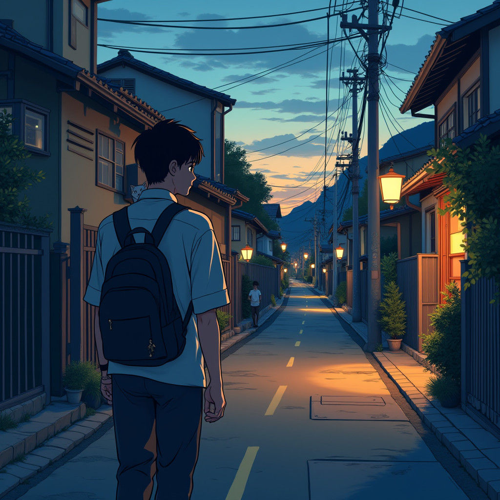 Man and Cat Stroll Home in Manga Style