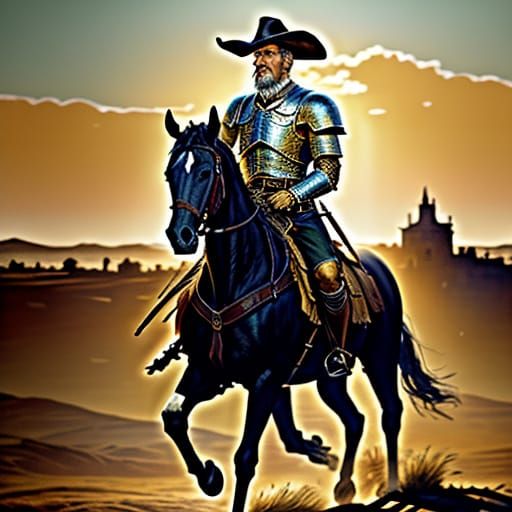 Don Quixote Rides at Golden Hour: Oil Painting