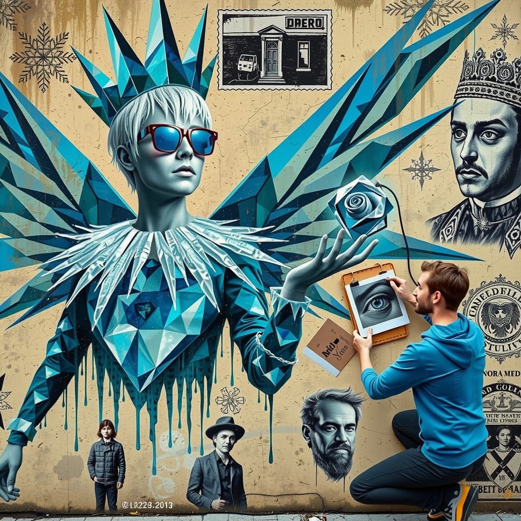 An artist creates  a Street art  graffiti mural of Jack Frost   wearing an icicle crown bringing on The Winter  , wearin...