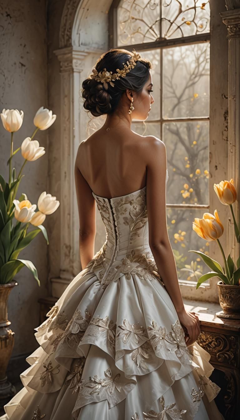 Mexican Woman in Strapless Wedding Dress Portrait