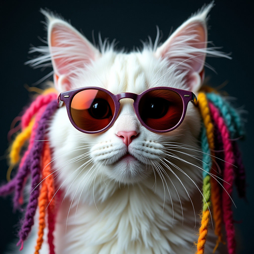 White Cat with Wool Dreadlocks and Sunglasses Portrait