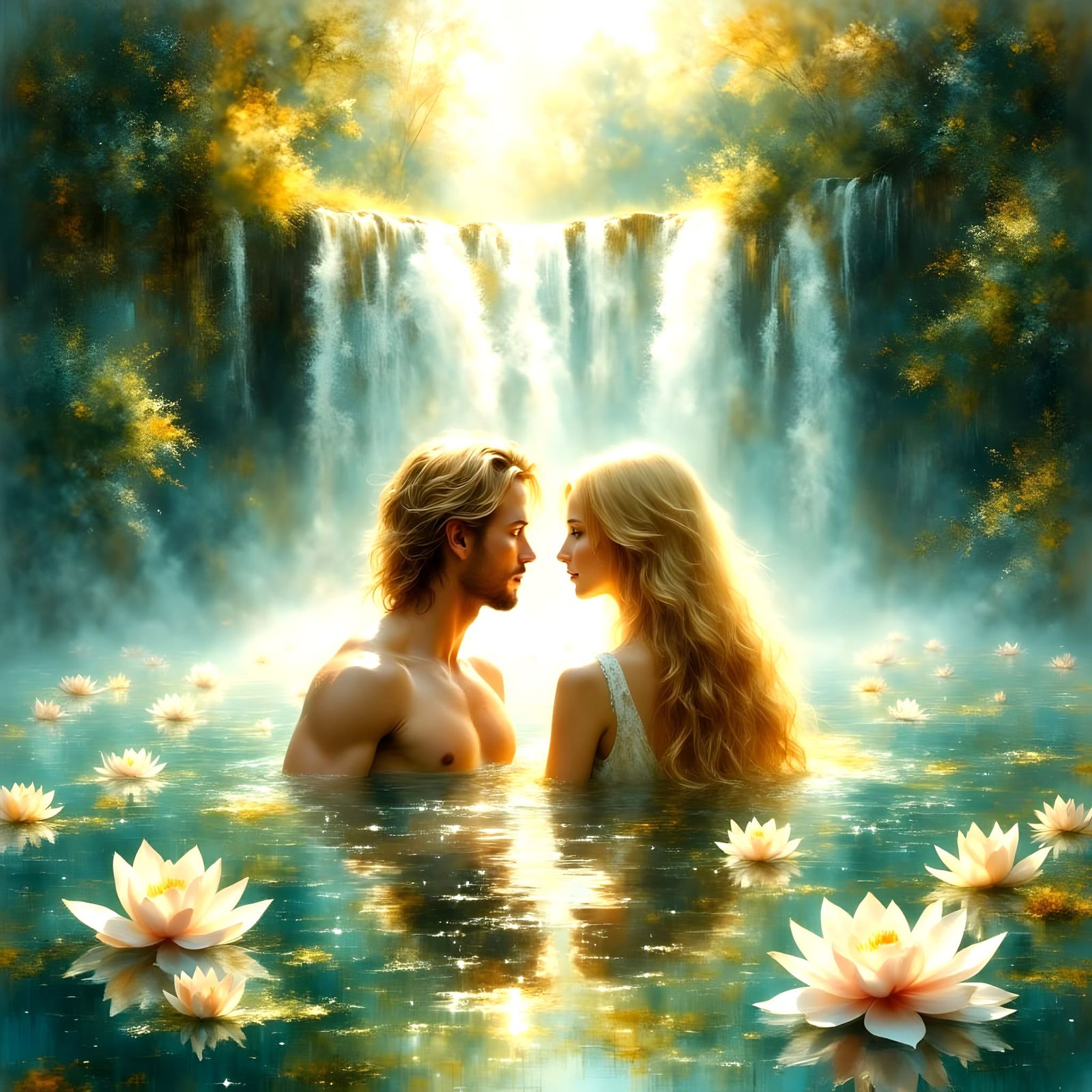 Gods in Dreamy Waterfall Scene