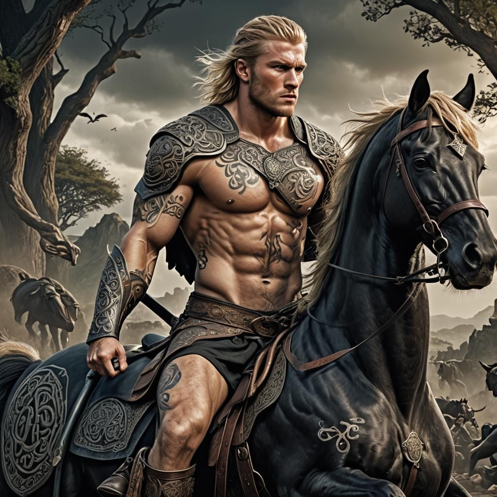 Imagine a tattooed blond male celtic warrior, riding a black...
