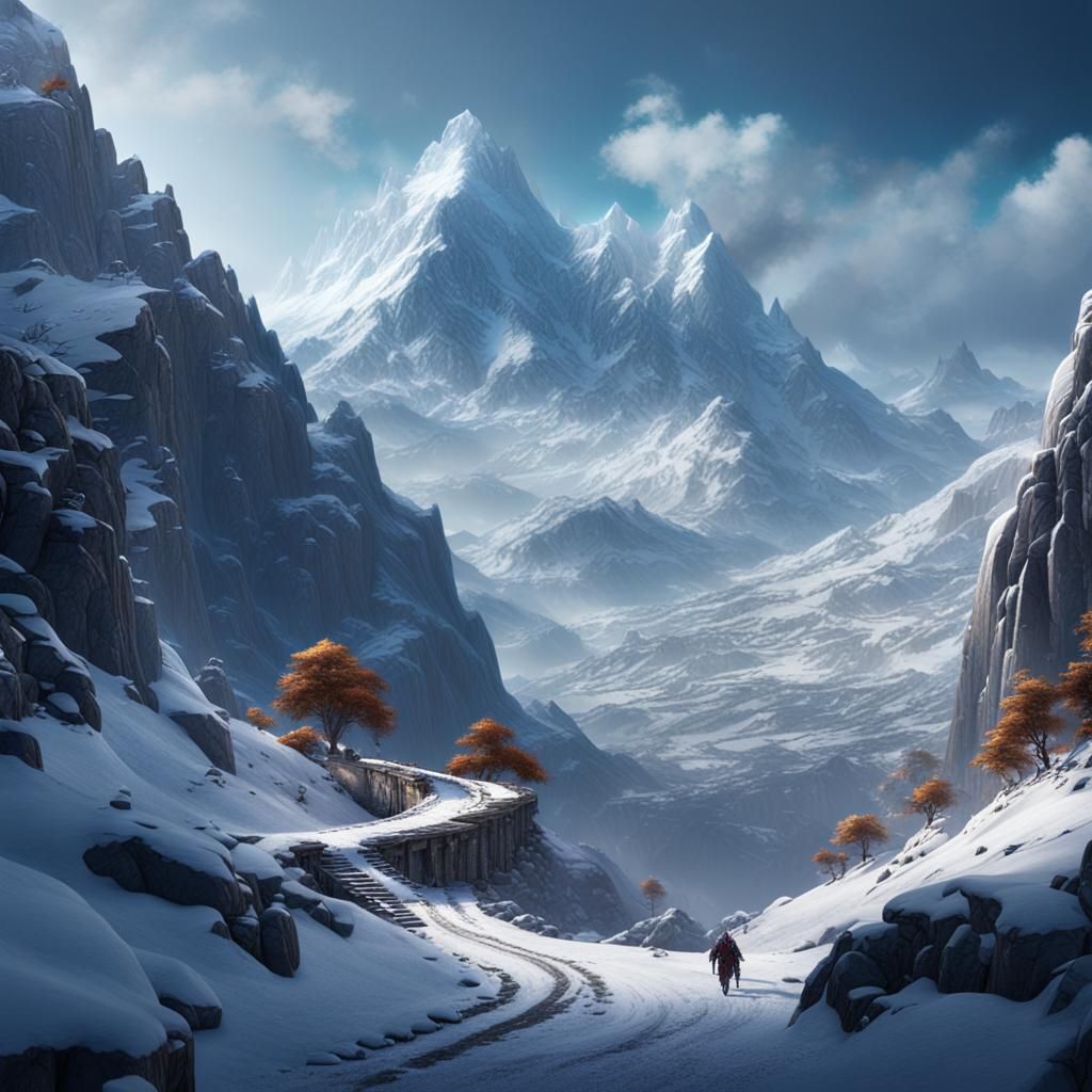 Snowy Mountain Pass in Detailed Matte Painting