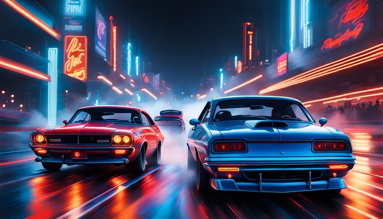 Hyperdetailed Drag Race in 80s Neon Style