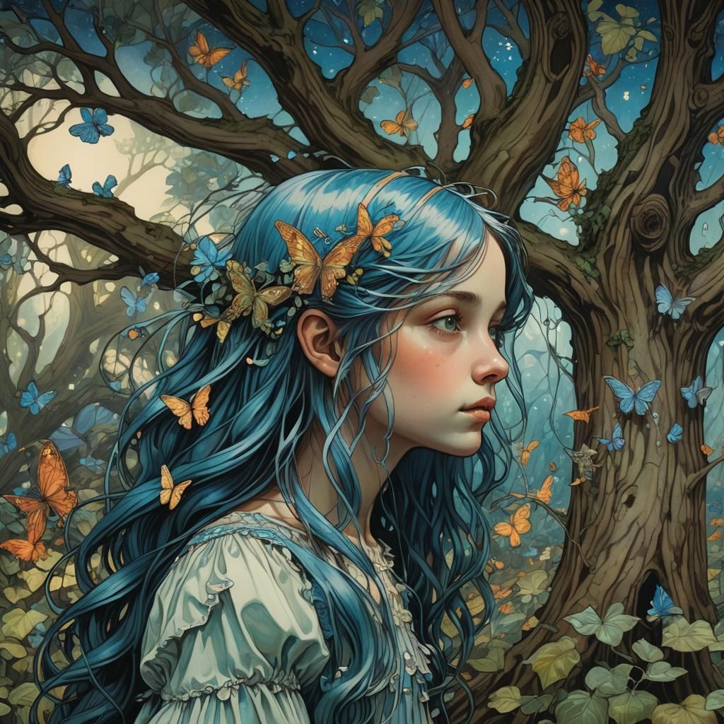 Victorian Girl and Fairies in Art Nouveau Style