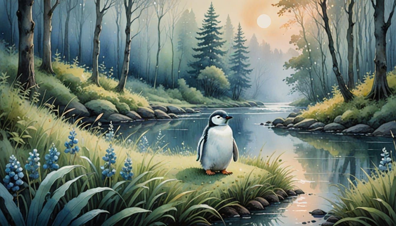 Whimsical Watercolor Baby Penguin in Forest Dreamscape