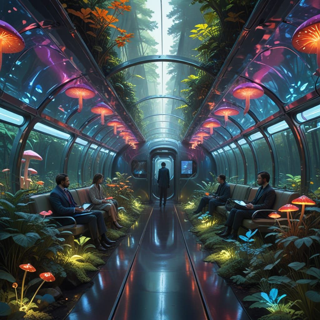 Silver Train Journey Through Bioluminescent Prism Tunnel