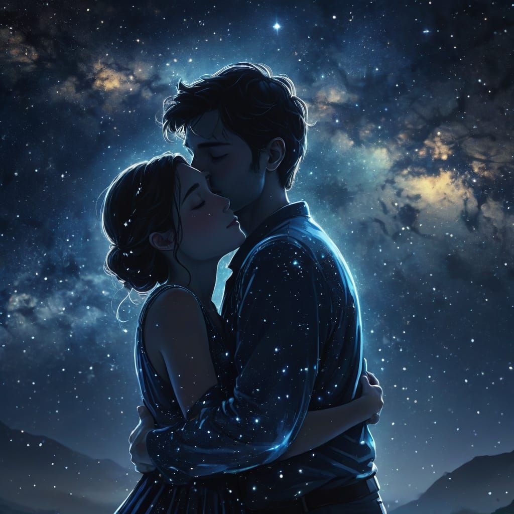 Celestial Couple Embrace in Sparkling Galaxy