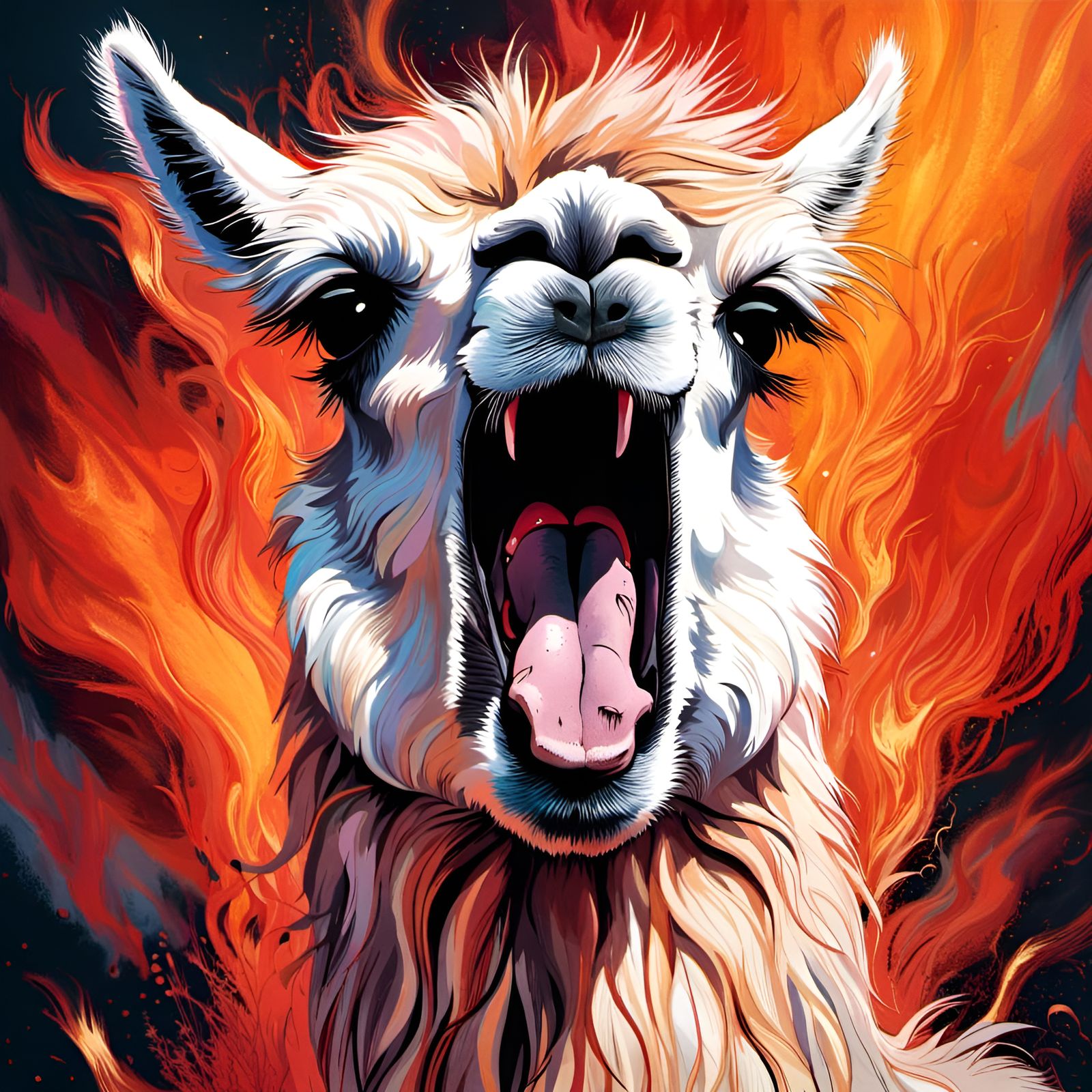Terrified Llama Portrait in Fiery Landscape