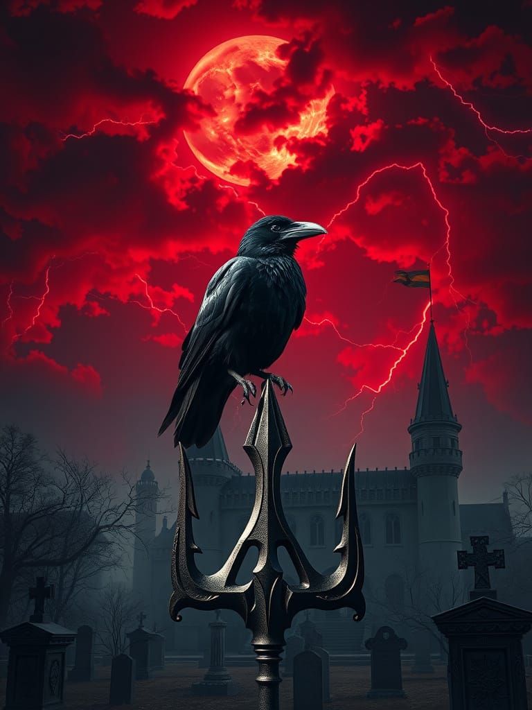 Dark Fantasy Raven Perched on Ukrainian Trident Under Red Mo...