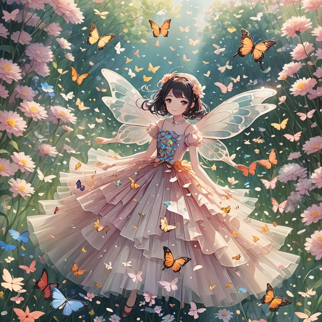 Butterfly Fairy in Anime Style Over Tulle Field