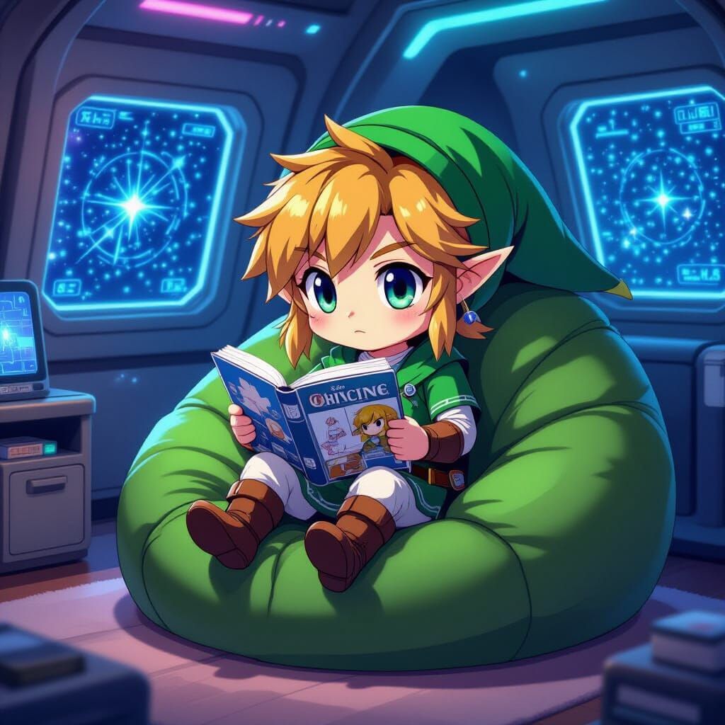 Chibi Link Relaxing in Cozy Spaceship Cabin