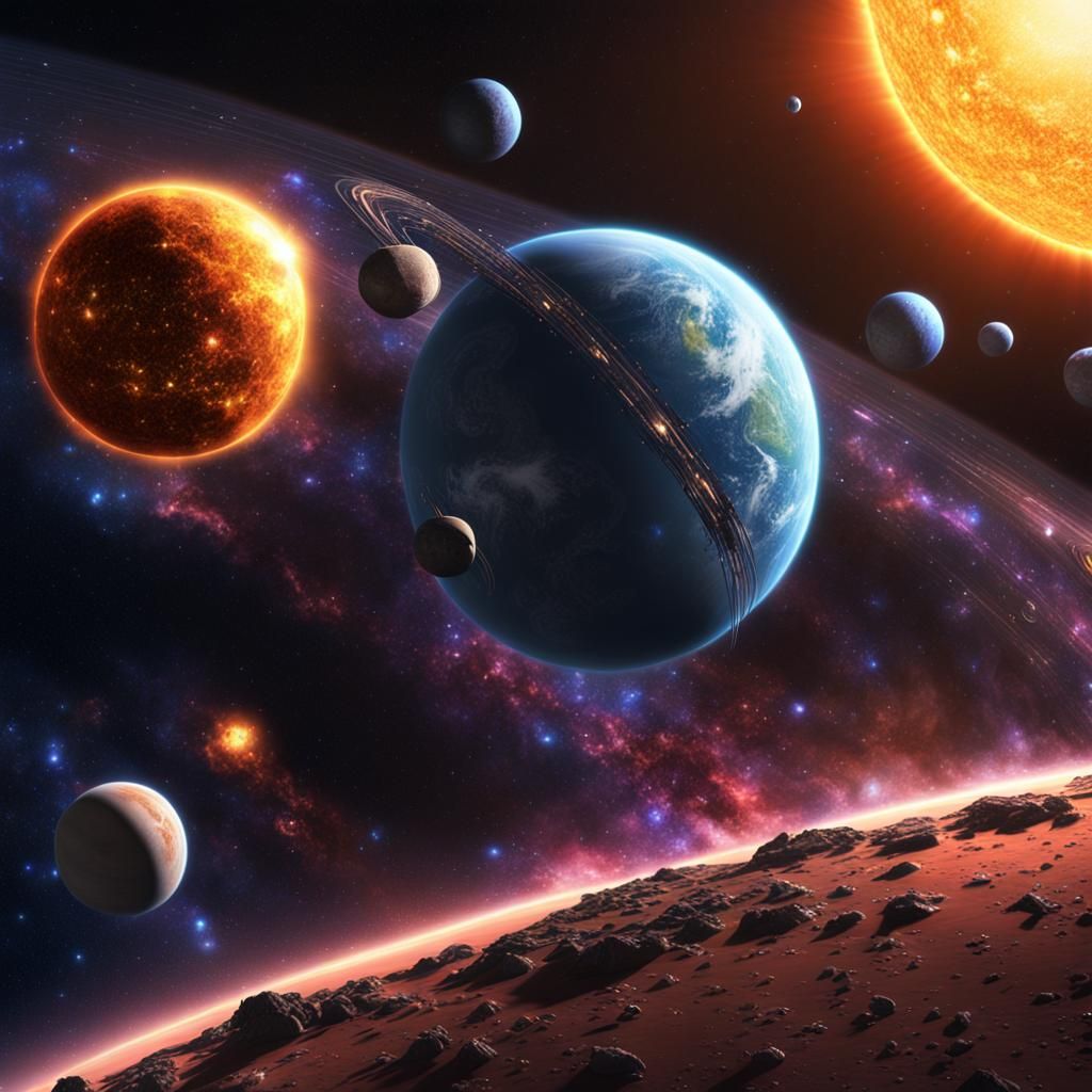 Spectacular Solar System with Galaxies in Detailed Art