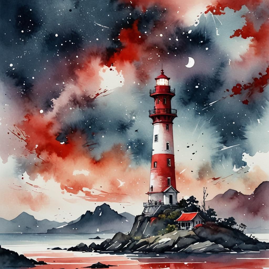 Red and White Lighthouse in Starry Sky