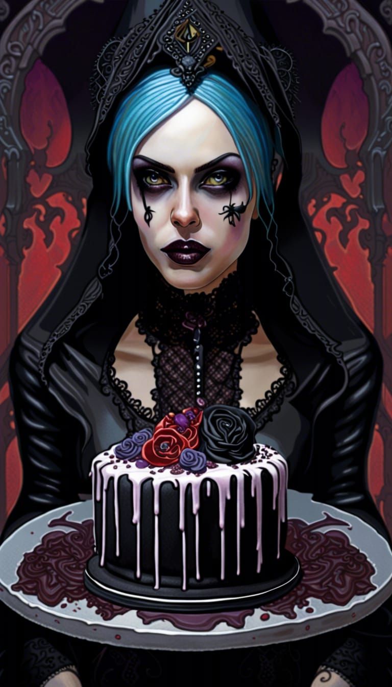 Gothic Lady Dividing Cake in Hyperrealistic Splash Art