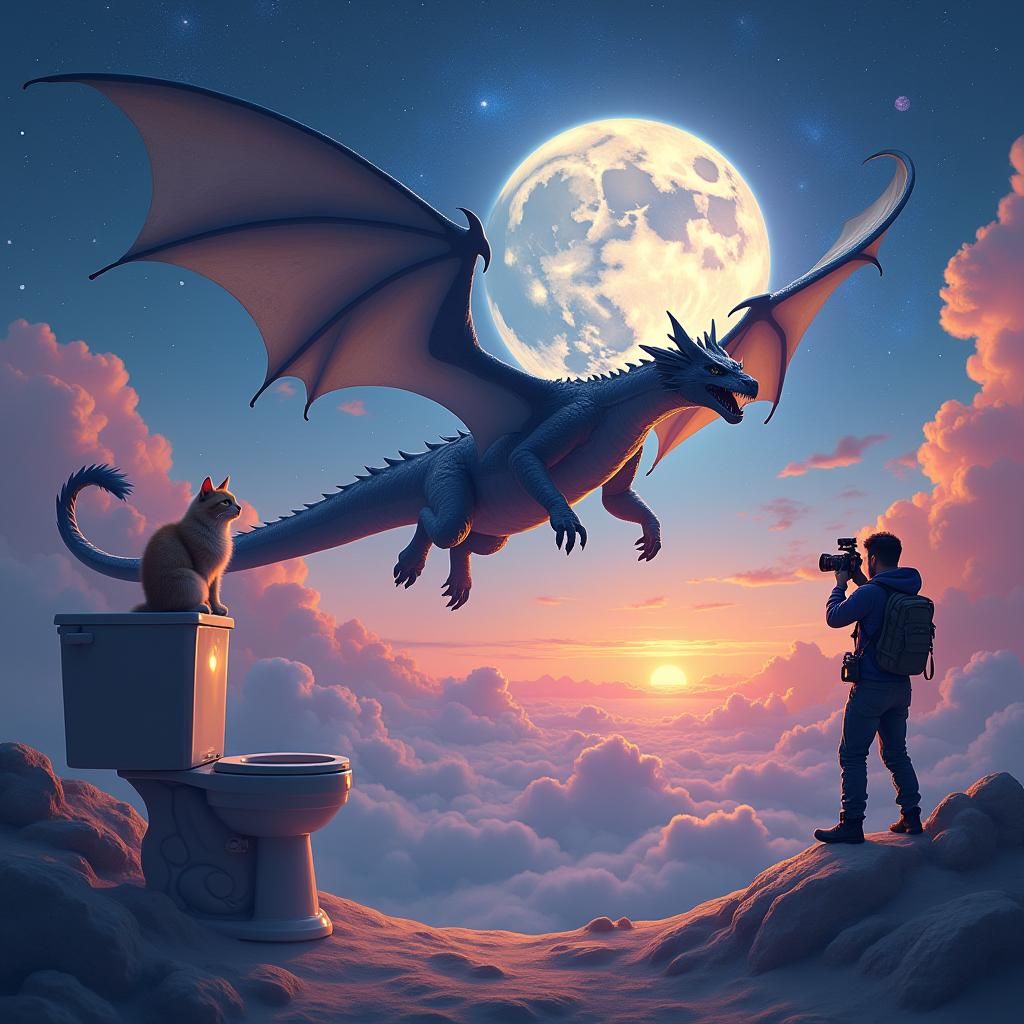 English Dragon Soaring Past Skibidi Cat in Space