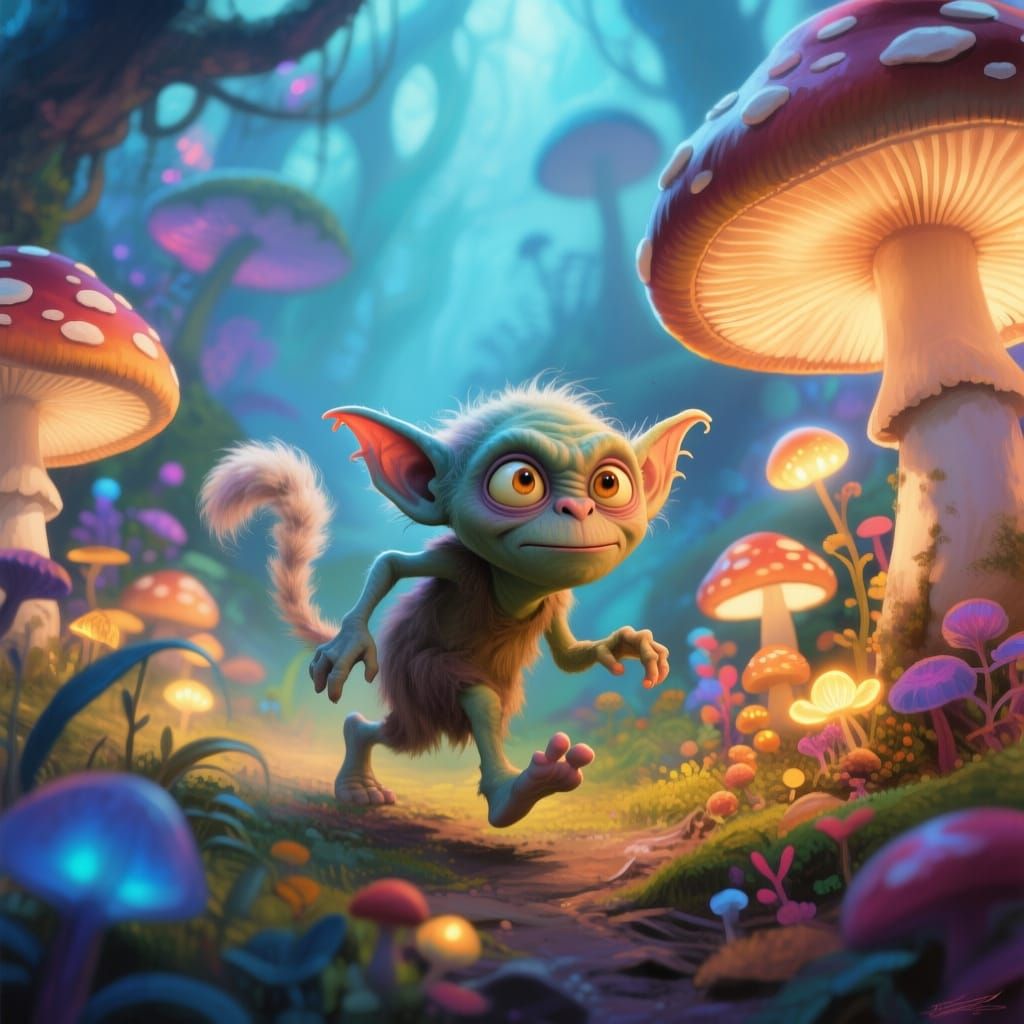 Mischievous Gremlin in Magical Mushroom Wonderland Digital P...