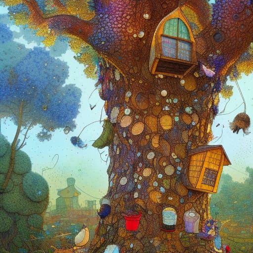 Apiary Beehive Hanging from Oak Tree: Fantasy Illustration