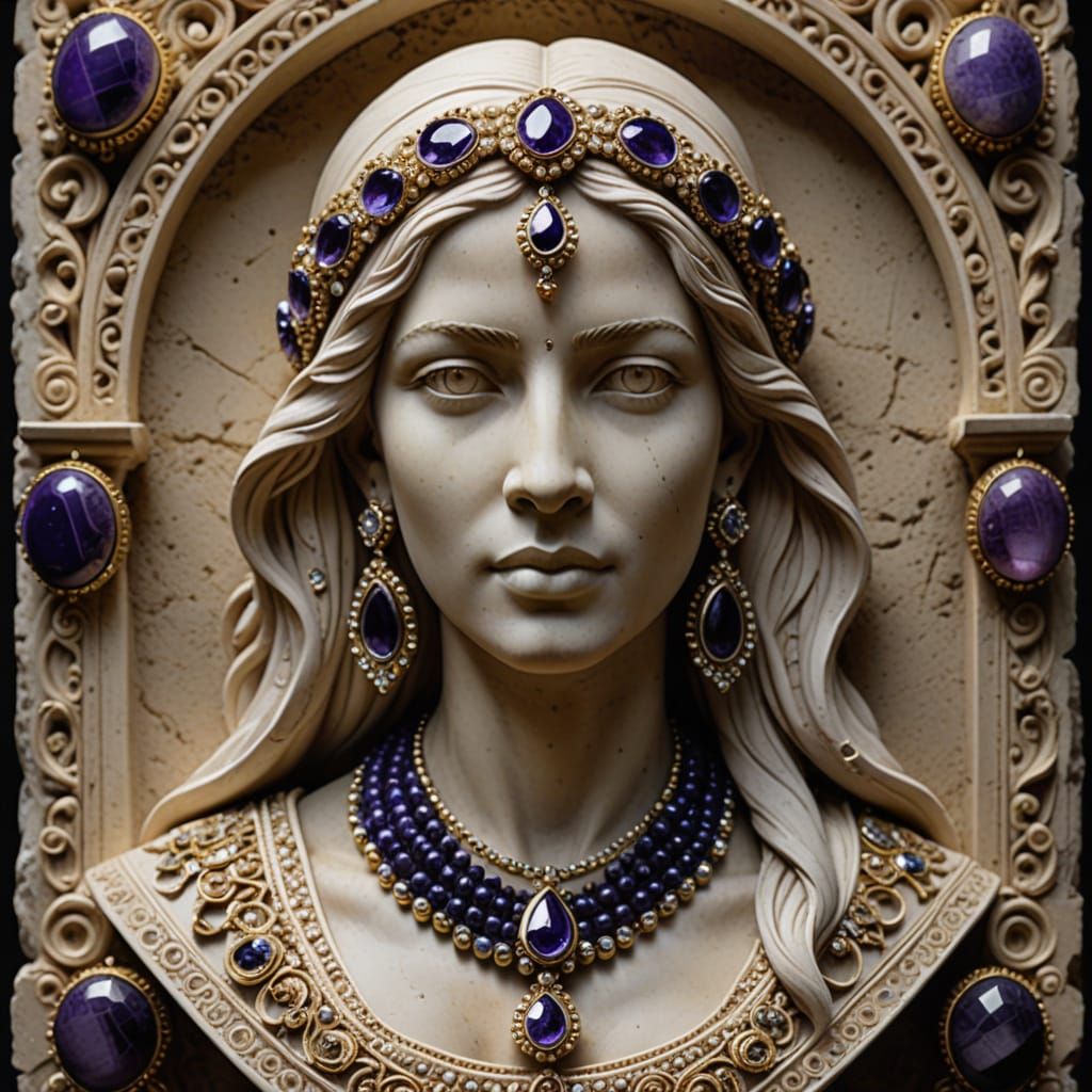 Gypsum Gypsy Bust with Sugilite and Manganotantalite Jewels