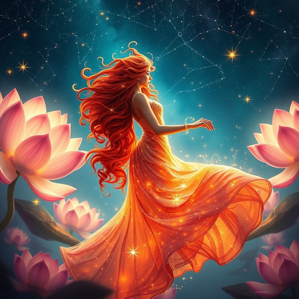 Vibrant Redhead Dances Among Cosmic Lotus Flowers in Starlig...