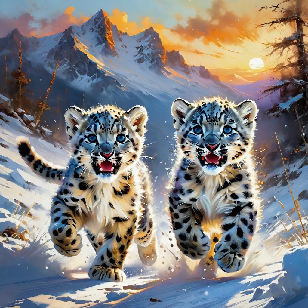 Snow Leopard Cubs Playing: A Matte Painting