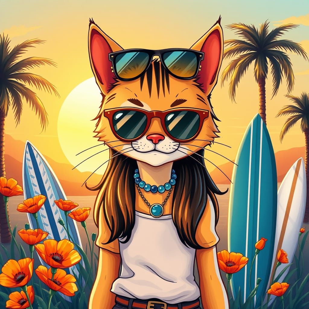 California Cat Woman in Sunglasses Smirks Amidst Poppy Field...
