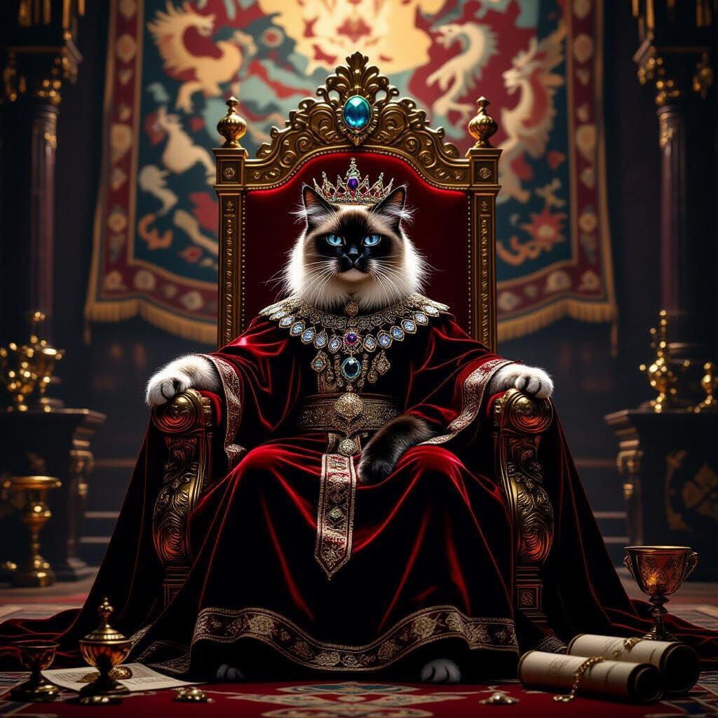 Regal Siamese Cat King on Gilded Throne