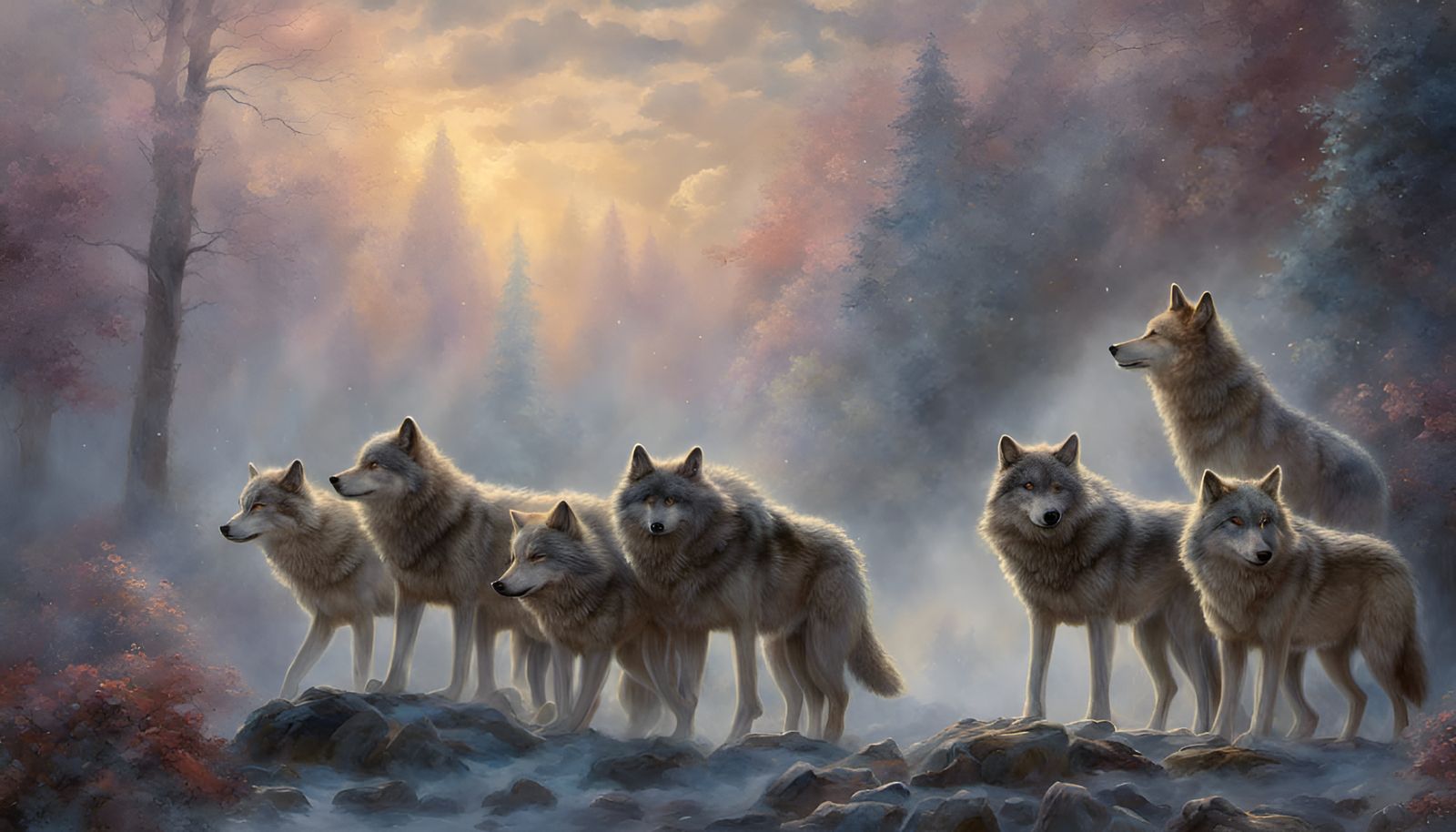 Wolves with Native Woman in Ethereal Fantasy Style