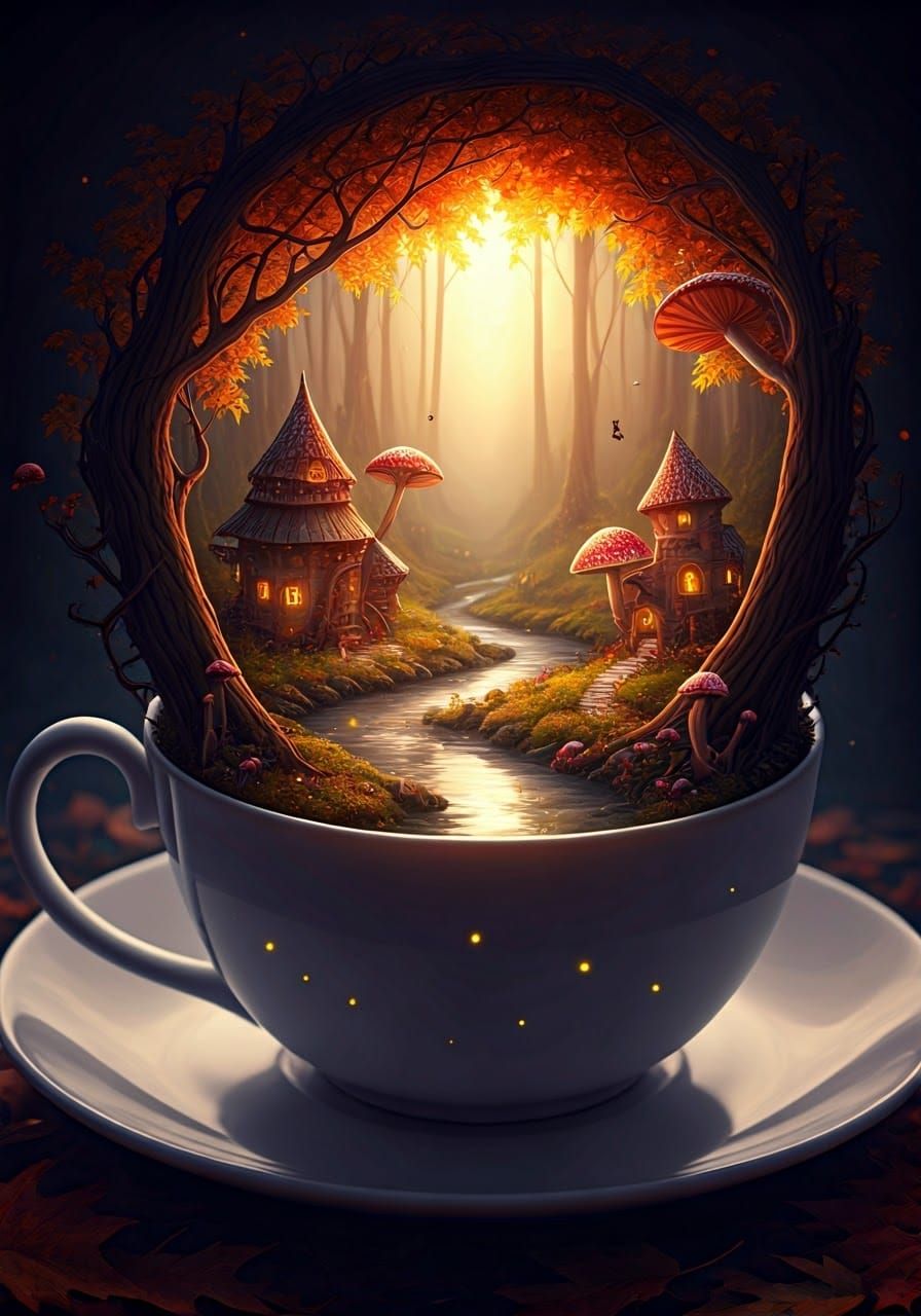 Miniature Autumn Fantasy World in Teacup