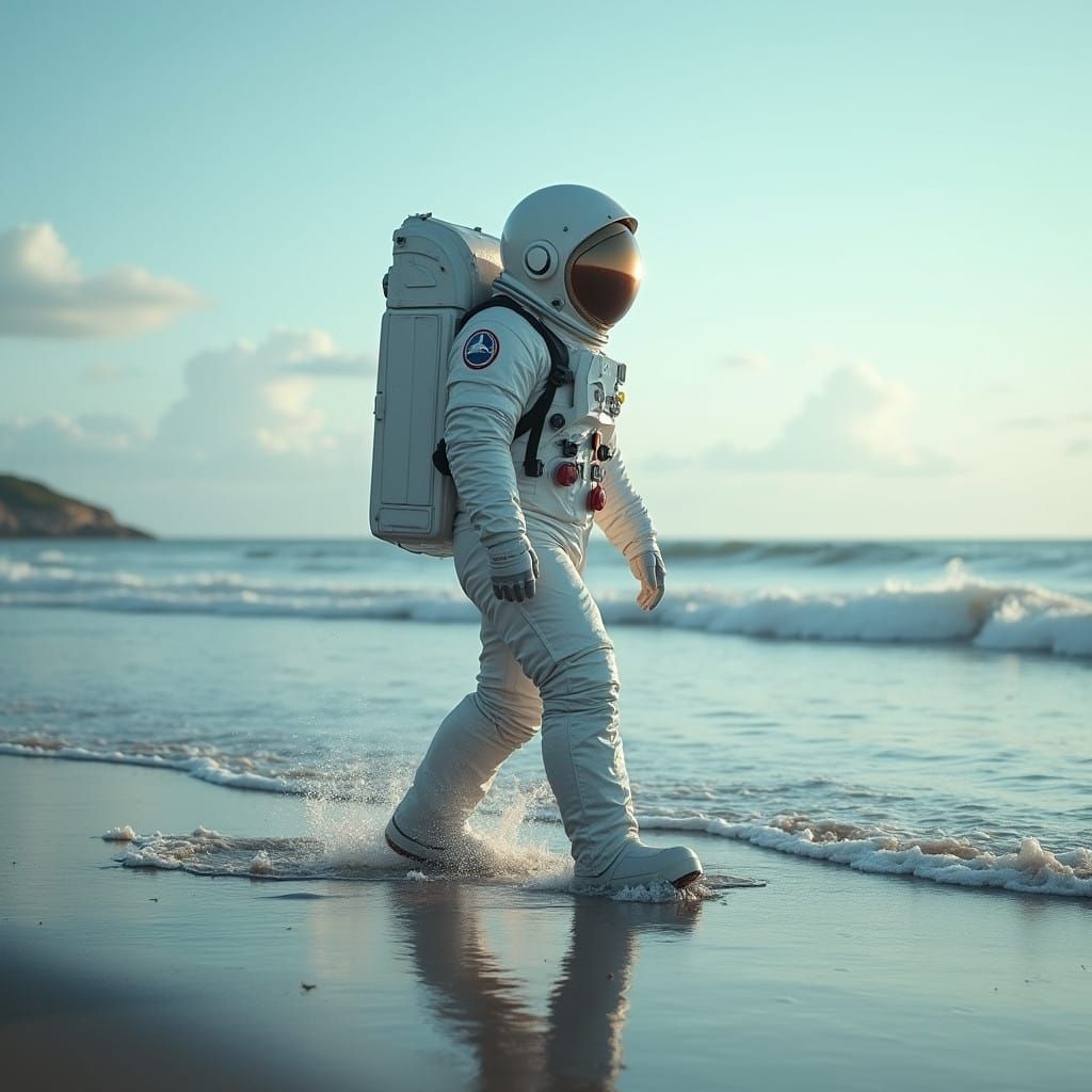 Astronaut Walks Alone Across the Ocean's Calm Horizon