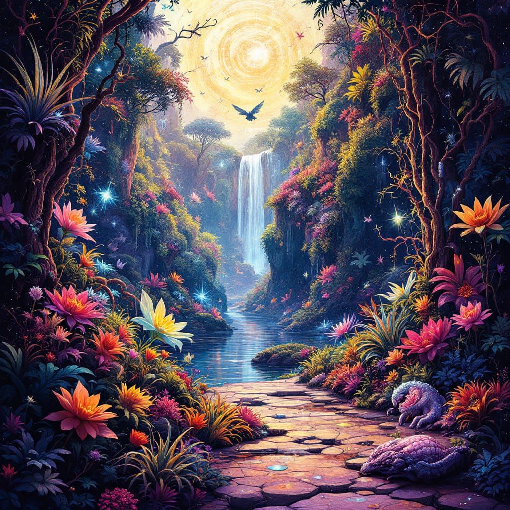 Bioluminescent Jungle with Fantastical Creatures and Plants