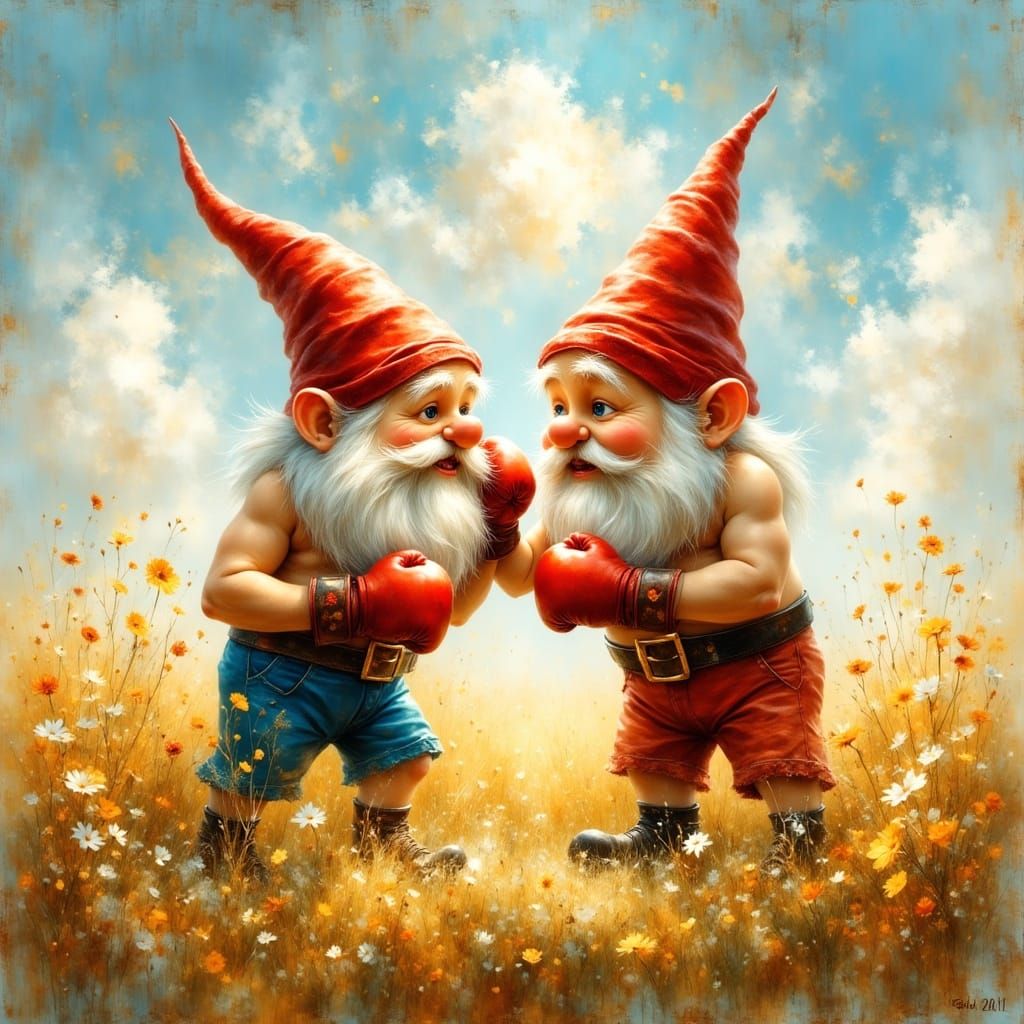 Gnomes Boxing in a Field on a Sunny Day